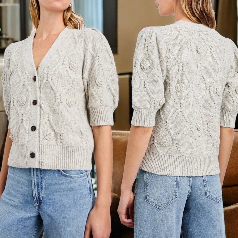 NWT RAILS (LG) Isla Crochet Daisies Short Sleeve Argyle Textured Cardigan